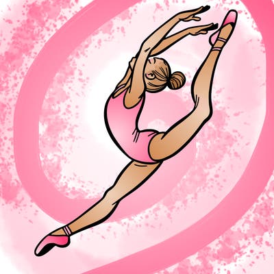 gymnast doing a leap in a leotard with a bent back leg