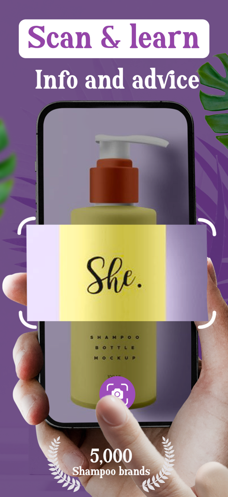 A person using the Shampoo Scanner AI app to scan a bottle for ingredient analysis and hair care advice