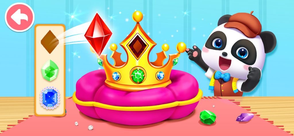 Baby Panda's Fashion Dress Up - Baby Panda decorating a golden crown with colorful gems in a creative fashion design studio