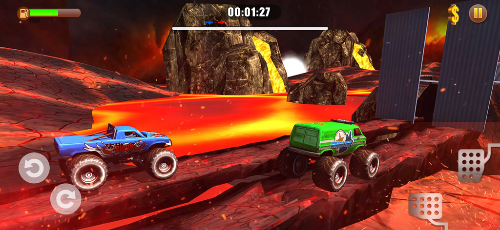 Two monster trucks racing on a volcanic track near lava