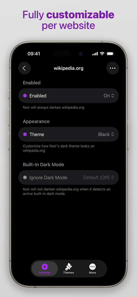 Noir app interface showing per website customization settings for Wikipedia with options for theme and dark mode behavior