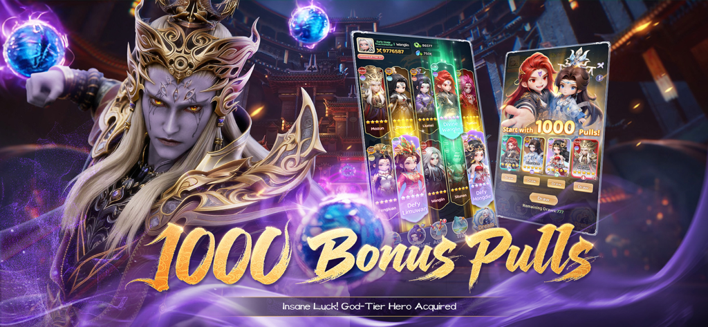 Renegade Immortal - Promotional banner for Renegade Immortal mobile game featuring a high-fantasy character and a 1000 bonus pulls reward offer with chibi characters