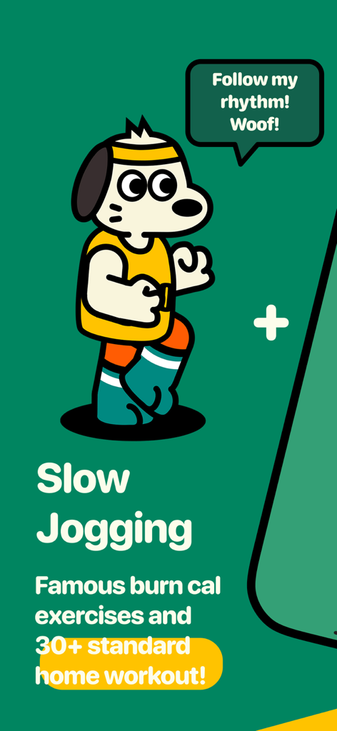 Rumbo Fitness - Cartoon dog character Rumbo jogging with a speech bubble saying Follow my rhythm