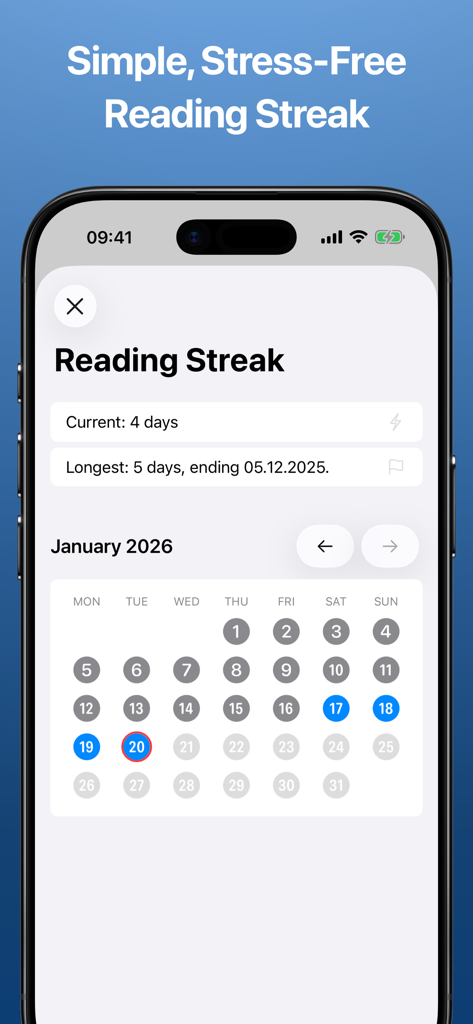 Interfaccia del calendario delle serie di lettura senza stress nell'app Reading Time