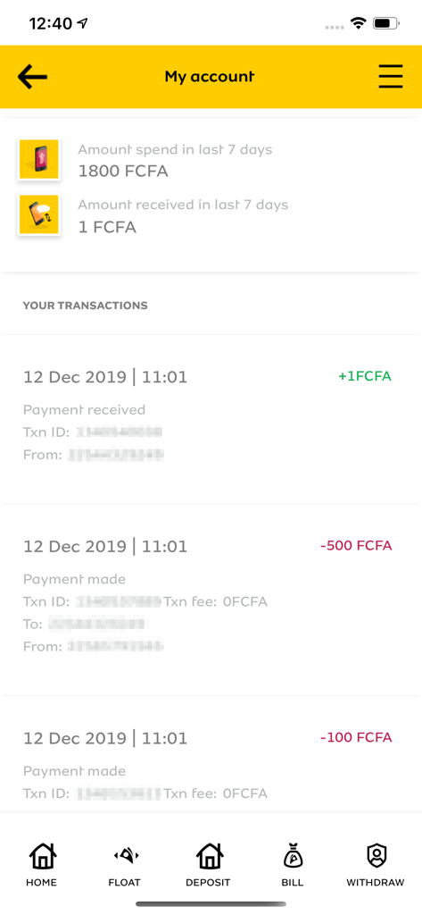 The My Account screen of the MoMo Agent app displaying recent transaction history and a summary of weekly spending in FCFA.