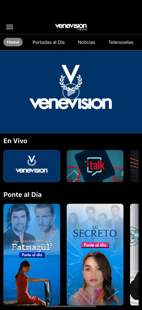 VenevisionPlay - VenevisionPlay App-Startbildschirm mit Live-TV-Kanälen und beliebten Telenovelas