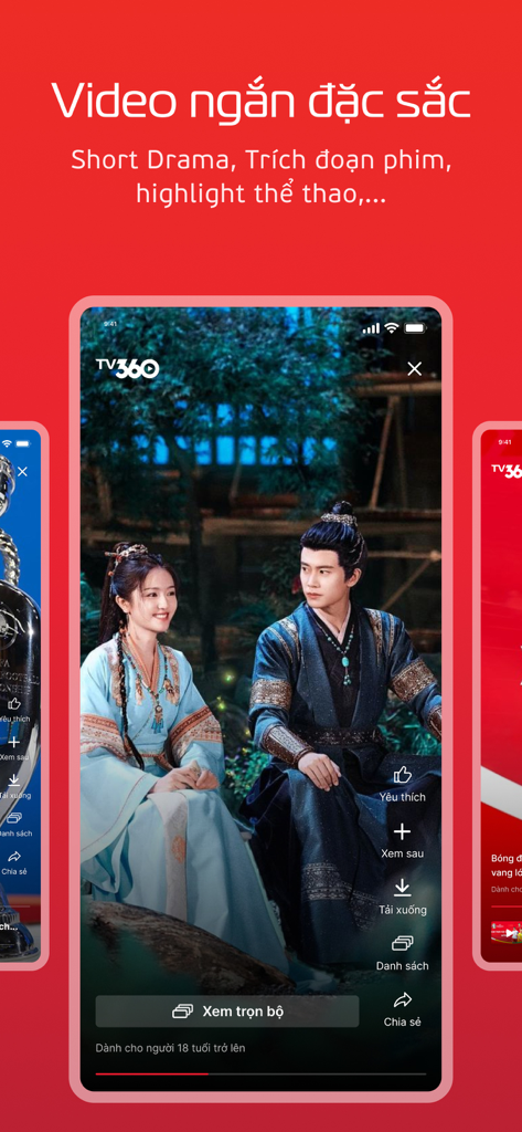 TV360 – Truyền hình trực tuyến - TV360 App-Oberfläche, die einen kurzen Videoclip aus einem asiatischen Historiendrama zeigt.