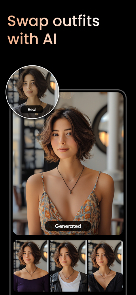 PhotoTune: AI Photo Enhancer - Una captura de pantalla que demuestra la función de cambio de atuendo con IA en PhotoTune, mostrando la transformación de una mujer de una camisa casual a varios atuendos profesionales y elegantes.