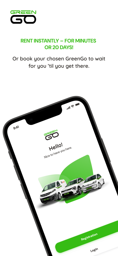 GreenGo - GreenGo car sharing app welcome screen showing electric vehicles and registration options