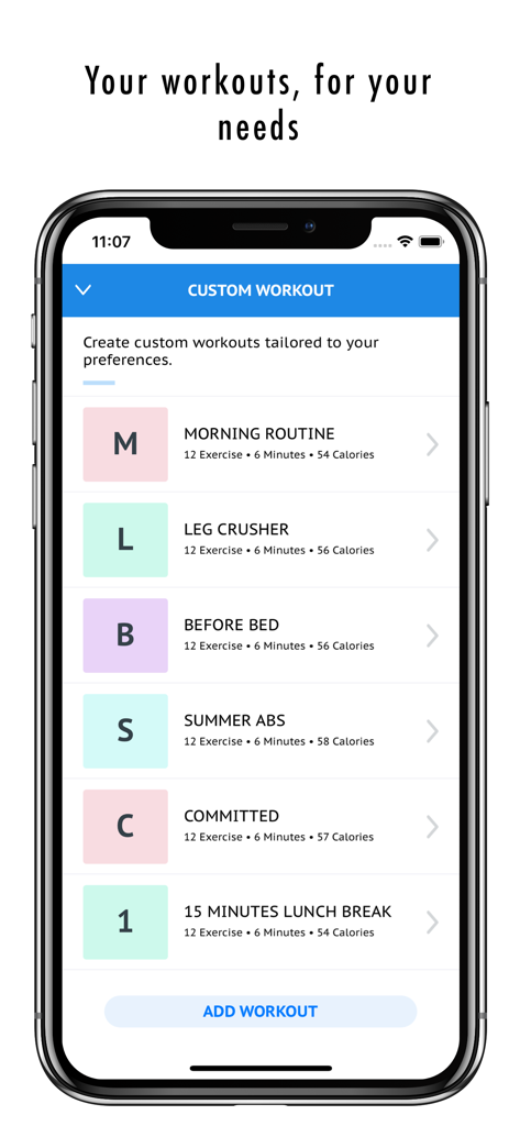 FitHer - Workout for Women - Interface of the FitHer app showing custom workout options for women like morning routine leg crusher and summer abs
