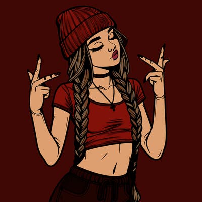 realistic teenage girl with braids and a beanie and crop top doing 🫶🏼