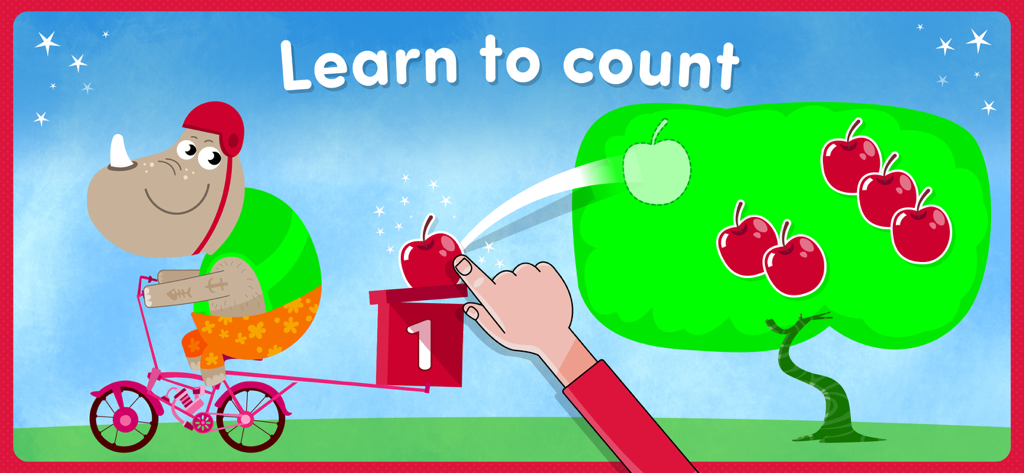 A cartoon rhino on a bicycle and a hand dragging an apple into a box to learn counting.