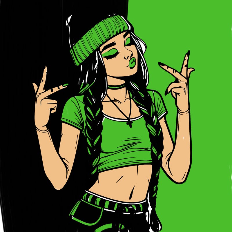 realistic teenage girl with braids and a beanie and crop top doing 🫶🏼