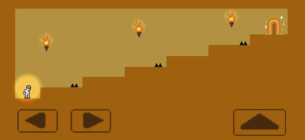 Die Again: Troll Game Ever - 2D-Pixelart-Platformer-Level in Die Again Troll Game Ever mit einem Charakter, der Treppen mit versteckten Spikes und Fackeln gegenübersteht.