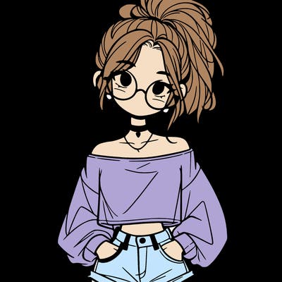 girl with a messy ponytail glasses a baggy crop top and jean shorts