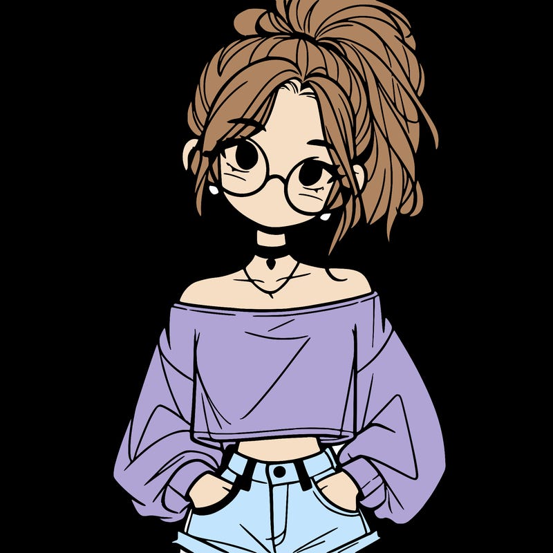 girl with a messy ponytail glasses a baggy crop top and jean shorts