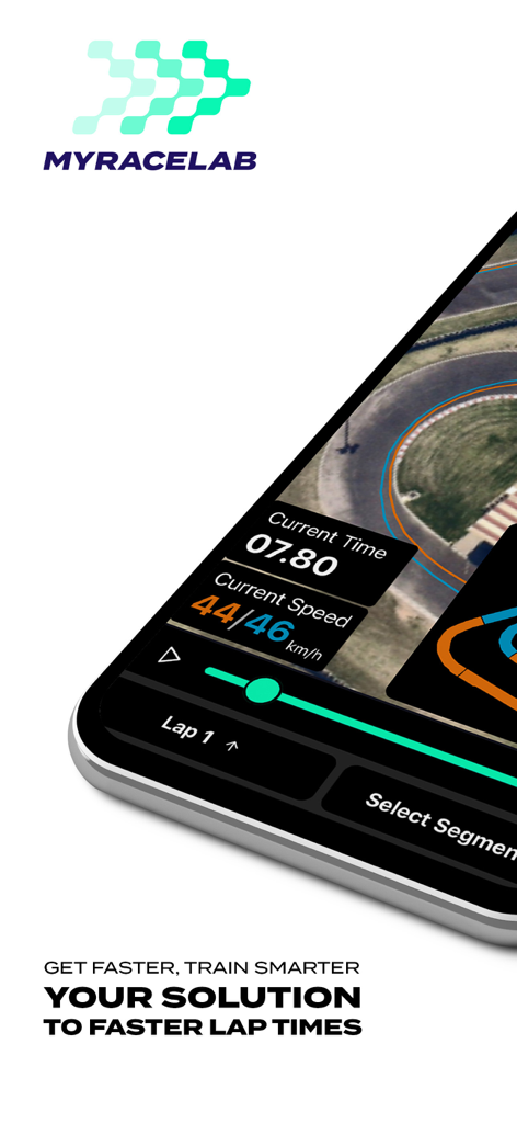 MyRaceLab: Lap & Race Timer - Interfaz de la aplicación MyRaceLab que muestra el tiempo por vuelta, la velocidad y la telemetría de la pista de carreras