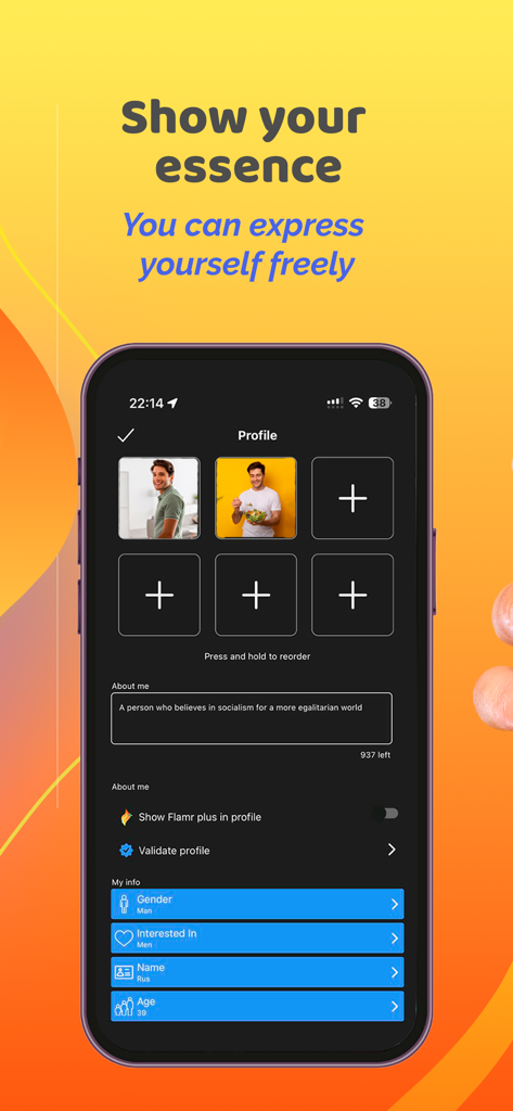 Flamr Dating for Progressives - User profile screen on Flamr dating app showing a bio with progressive values