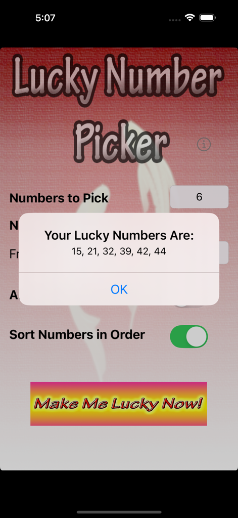Lucky Number Picker app displaying a pop-up with six randomly generated numbers.