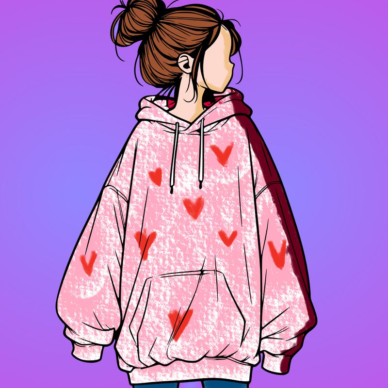 realistic girl with a oversized sweatshirt on and a bun