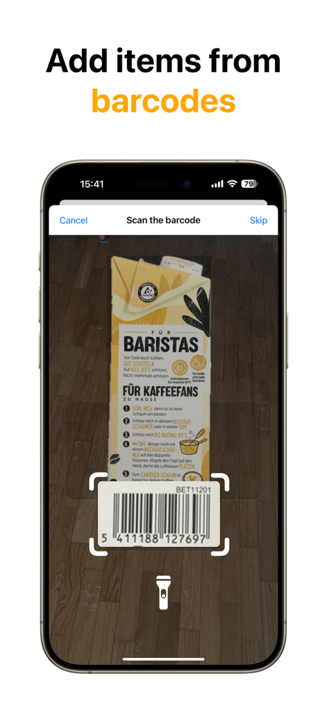 Scanning a barcode to add a food item into the FridgeBuddy pantry inventory app
