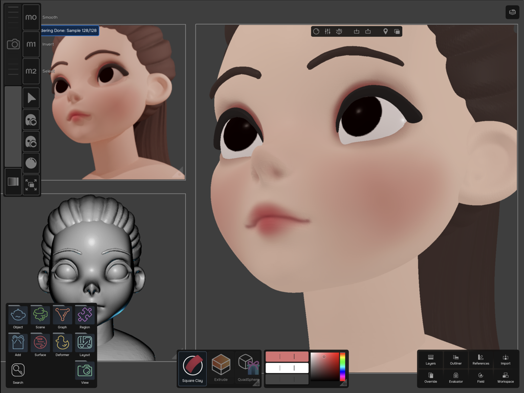 Uniform - 3D Editor - Uniform 3D Editor interface on iPad showing multiple viewports of a stylized 3D character head being sculpted and painted