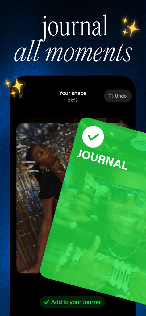 Lapse app screen showing the journal feature with a vintage-style photo of friends being added to a personal digital journal.