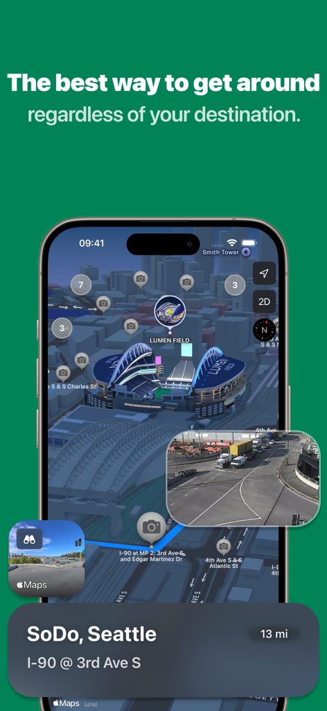 Um mapa de navegação 3D de Seattle com ícones de câmeras de tráfego ao vivo e condições de tráfego em tempo real perto do Lumen Field.