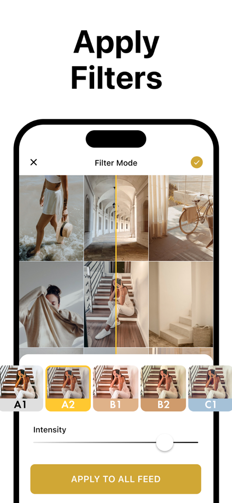 Layout for Instagram・Inpreview - Interface of Inpreview app showing filter selection and intensity slider for an aesthetic Instagram feed layout