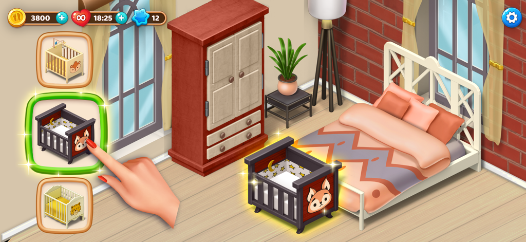 Gameplay screenshot of Manor Cafe showing a player selecting a fox themed crib for a baby room renovation