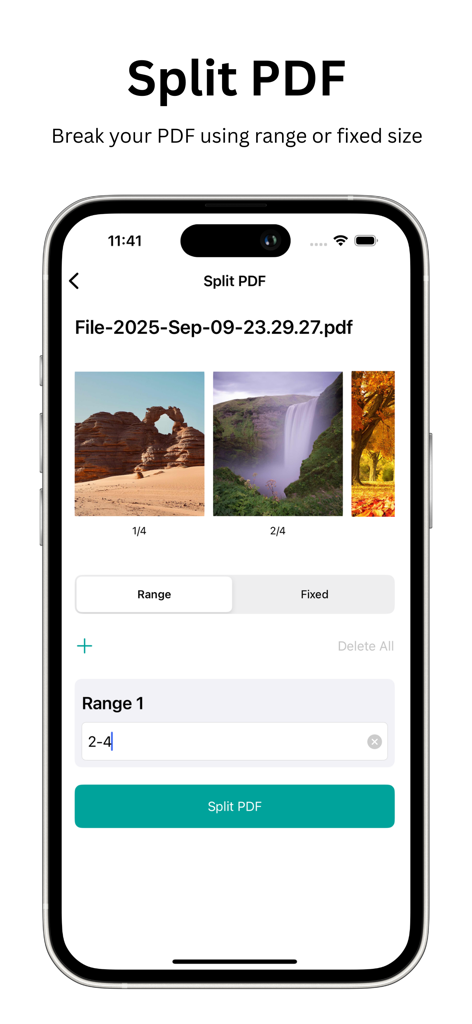 PDF Maker & Converter - PDFAPP - Interface of the PDFAPP mobile application showing the split PDF feature with page range selection on an iPhone screen