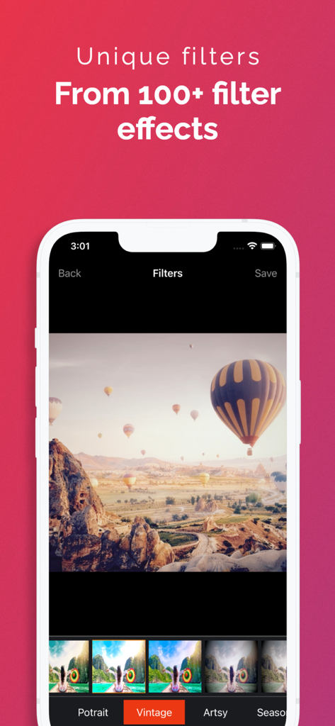 Slideshow with Music Maker App - Écran de l'application mobile montrant plus de 100 effets de filtre uniques, y compris des options vintage et artistiques pour les photos de diaporama.