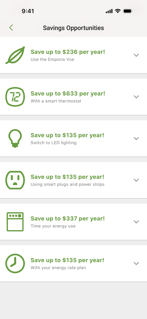 Emporia Energy - Emporia Energy app Savings Opportunities screen displaying estimated annual savings for smart thermostats, LED lighting, and smart plugs.