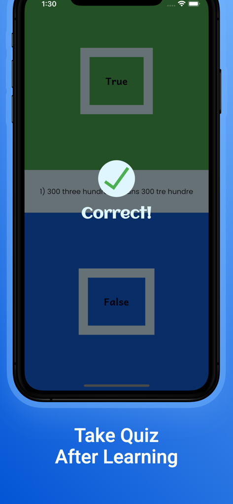 Norwegian Learn For Beginners - Norwegisch-Lern-App-Quizbildschirm mit einer richtigen Antwort