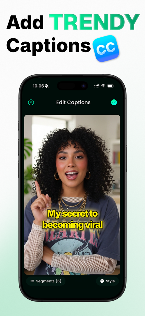 Teleprompter Video ™ - Interfaz de la aplicación Teleprompter mostrando a un creador añadiendo subtítulos amarillos de moda a un vídeo en un iPhone.