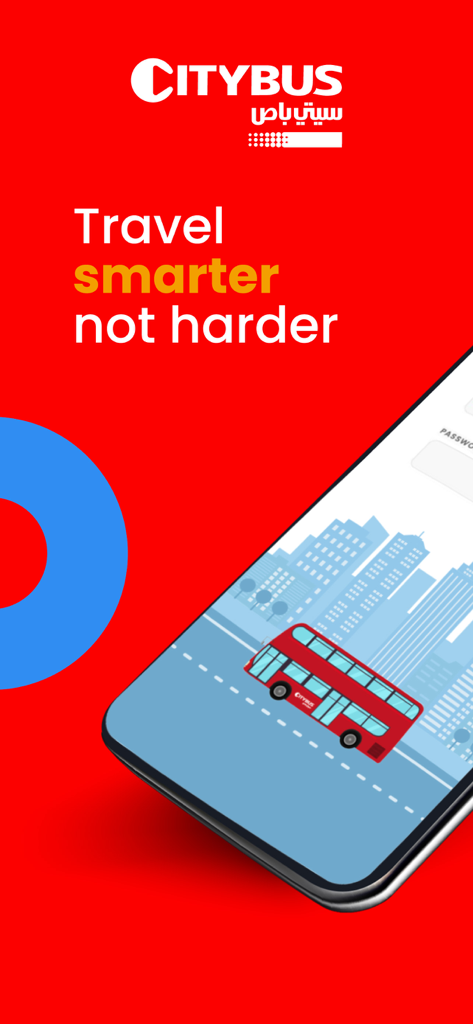 Citybuskw app screen showing the slogan Travel smarter not harder and a red double-decker bus in a city illustration