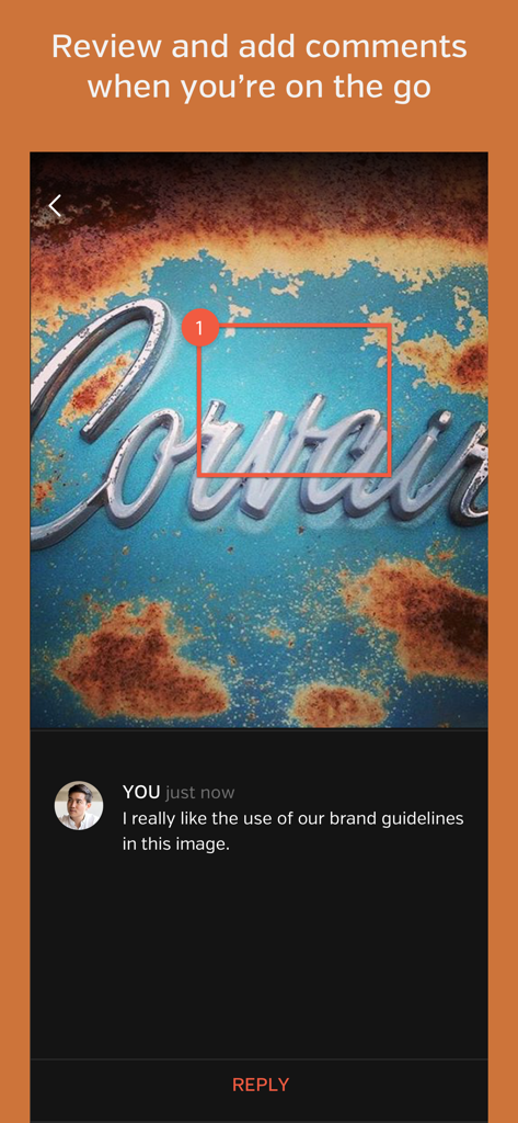Hightail - A user adding a contextual comment and visual feedback on an image within the Hightail mobile app.