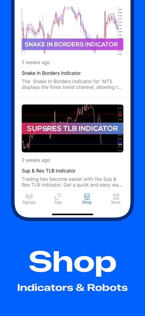 Boom & Crash - Trading Signals - A screenshot of the Boom and Crash trading app shop section featuring technical indicators and robots for MT5.