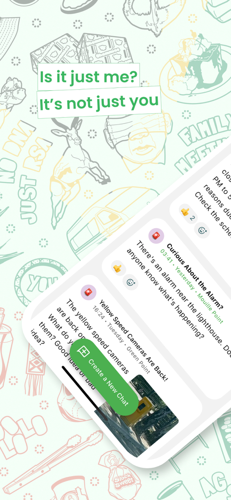 ESP app community chat screen showing neighborhood updates and neighbor reports for South African suburbs