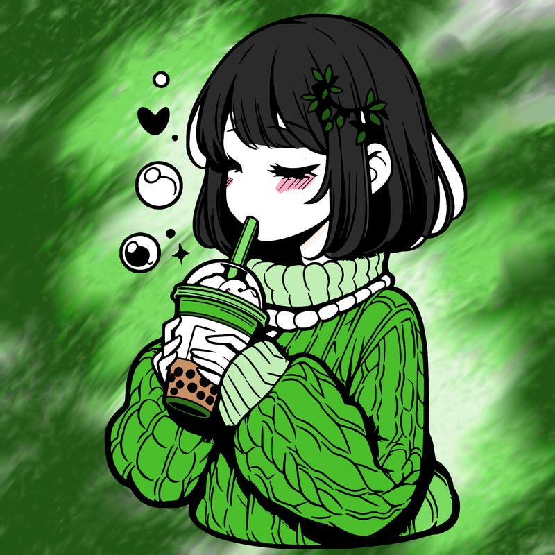 manga girl drinking boba in cozy sweater