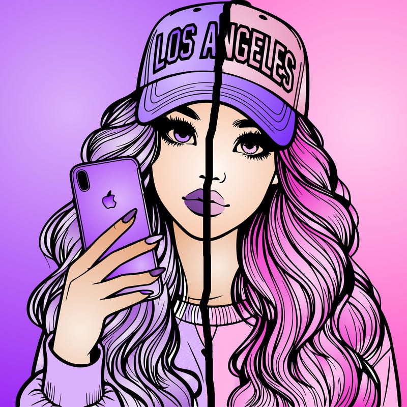 realistic beautiful girl wearing los ángeles cap holding an iphone