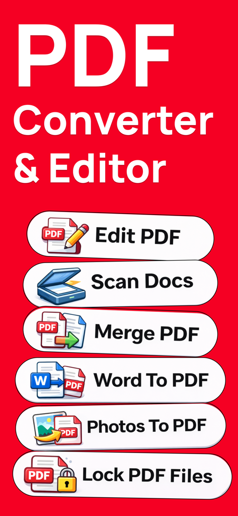 PDF変換アプリの機能（編集、スキャン、マージ、PDFへの変換など）を表示する画面