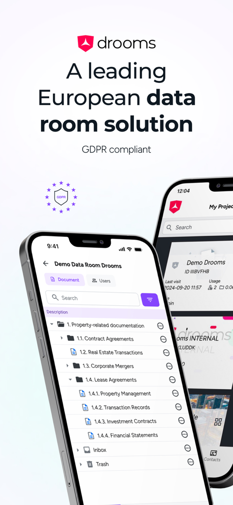 Drooms - Interface de l'application mobile Drooms montrant une structure de dossiers sécurisée pour les documents immobiliers et d'entreprise avec une notification de conformité RGPD.