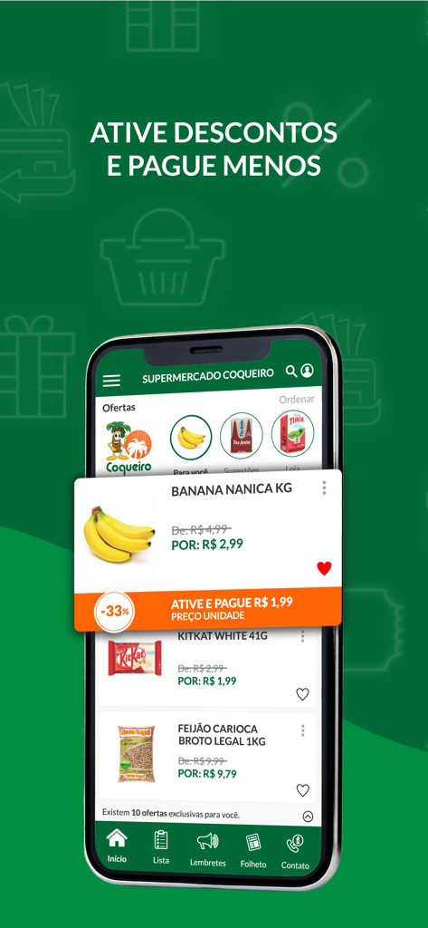 Supermercado Coqueiro - Tela de smartphone mostrando o aplicativo Supermercado Coqueiro com ofertas de supermercado para bananas, chocolate e feijão em português.