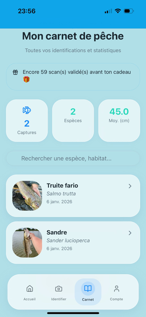FishScan - FishScan app fishing logbook showing identified fish species and catch statistics