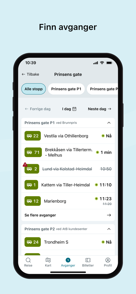 AtB - AtB app interface showing real-time bus departure times for Prinsens gate in Trondheim