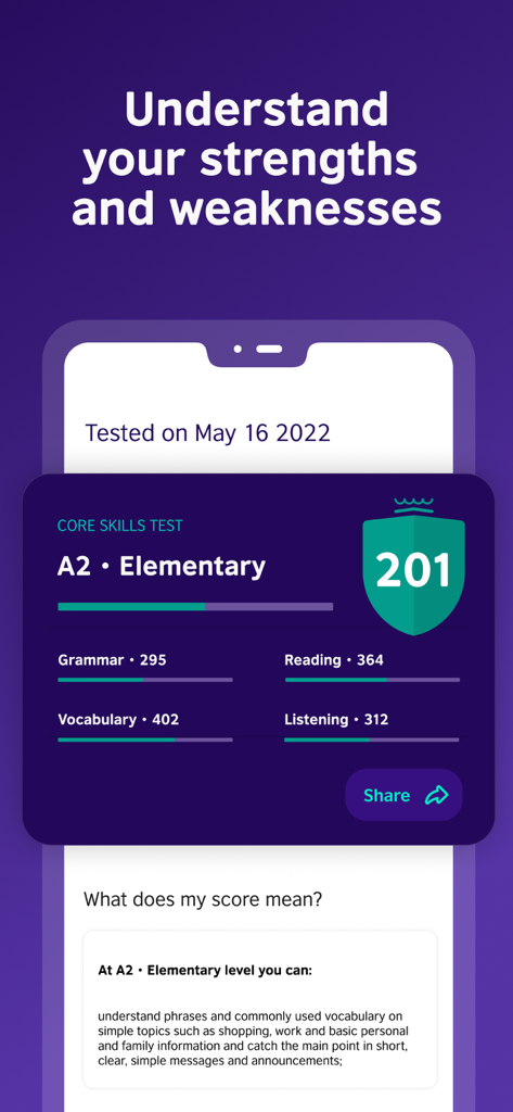 Schermata dell'app mobile EnglishScore che mostra un rapporto di test delle competenze di base con livello elementare A2 e punteggi delle singole categorie.