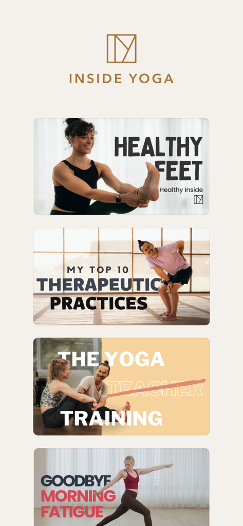 A selection of online yoga classes from Inside Online featuring therapeutic practices and science based teacher training