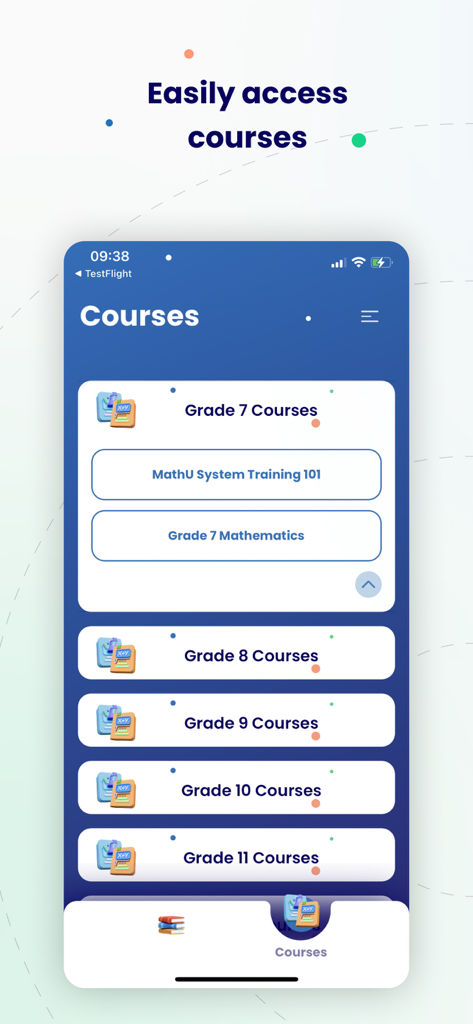 MathU Infinity app screen displaying a list of math courses organized by grade levels