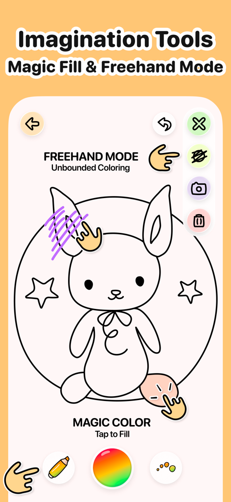 AI-Free Kids Coloring • Mea - Interface of the Mea coloring app showing magic fill and freehand mode tools on a hand-drawn rabbit illustration.
